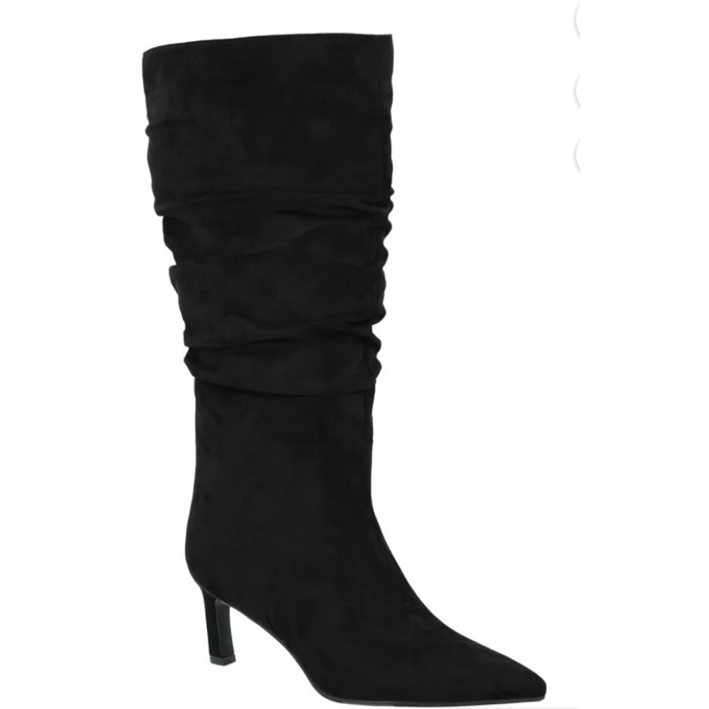 Time and Tru Black Mid Slouch Boots Faux Suede Pointed Toe Kitten Heel.